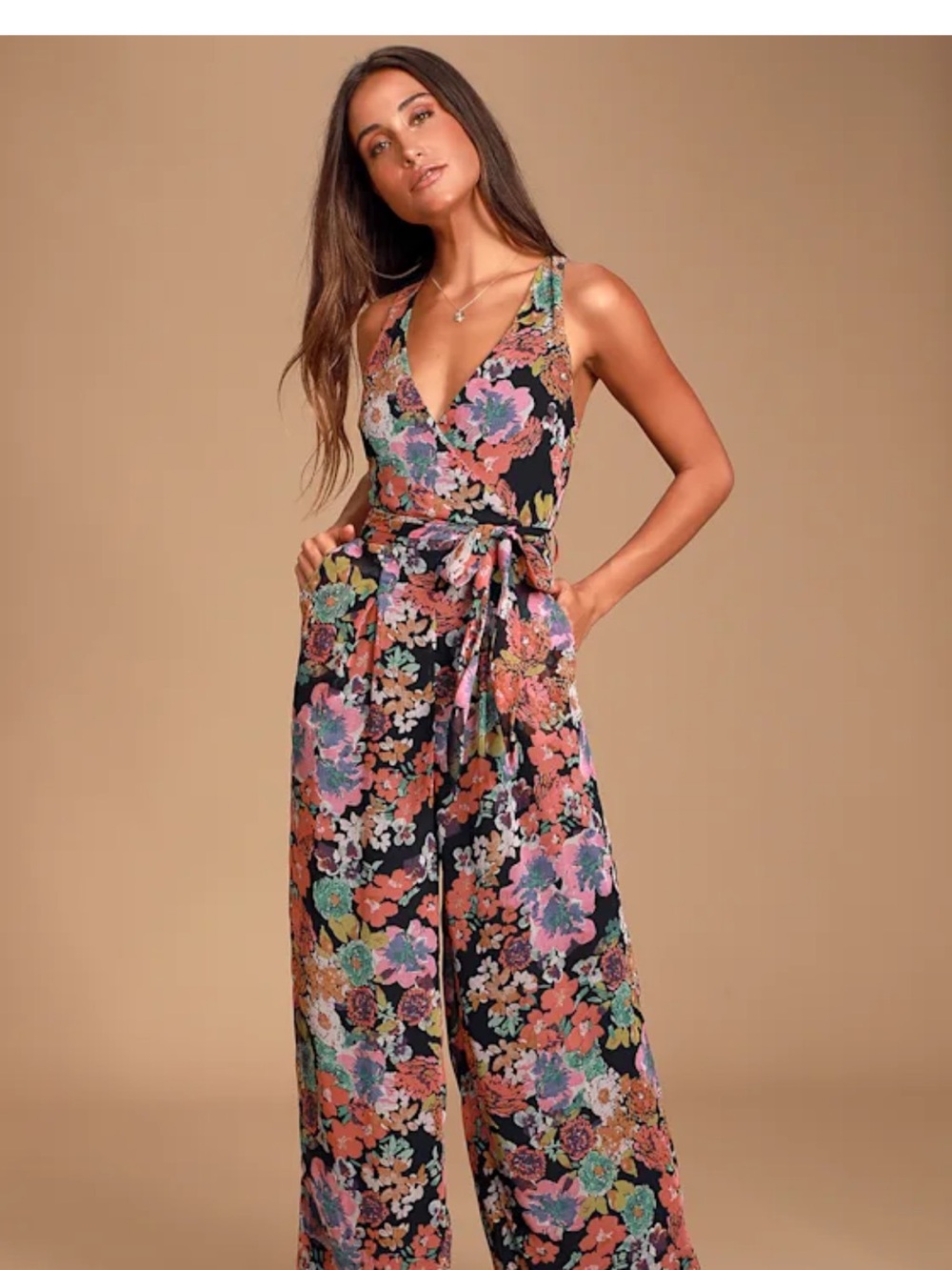 Lulu's Black Multi Floral V-Neck Wide-Leg Jumpsuit